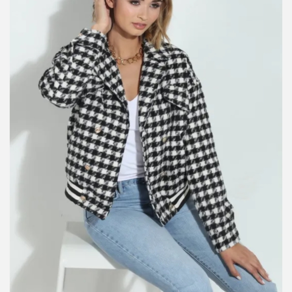Mystree Mystree Check Tweed Bomber Jacket Size M NWOT